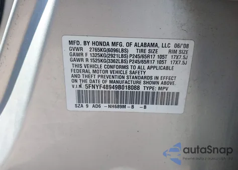 2009 Honda Pilot Touring from USA, damaged, VIN 5FNYF48949B018088